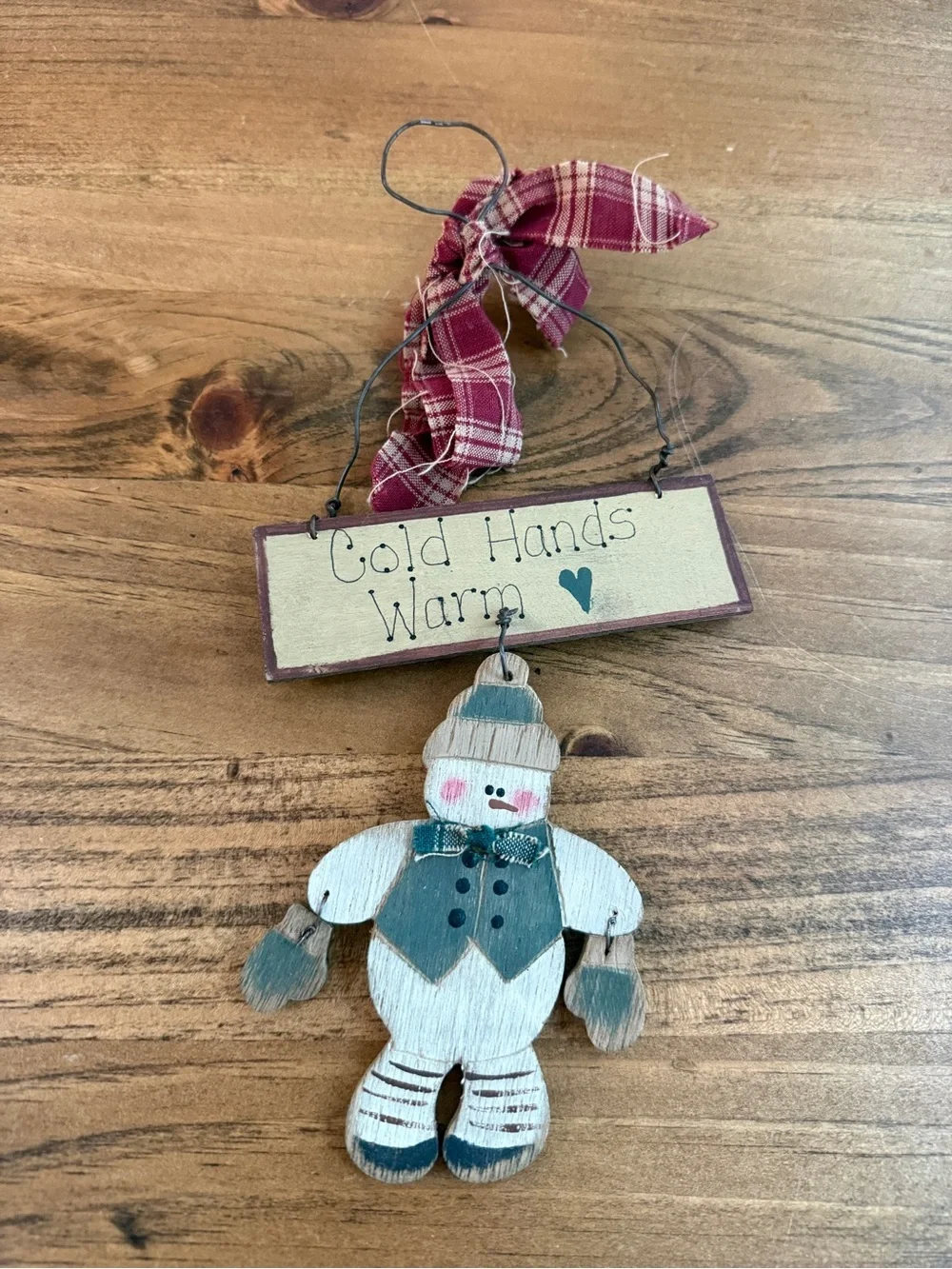 Rustic Snowman Hanging Ornament - Cream and Teal Holiday Decor